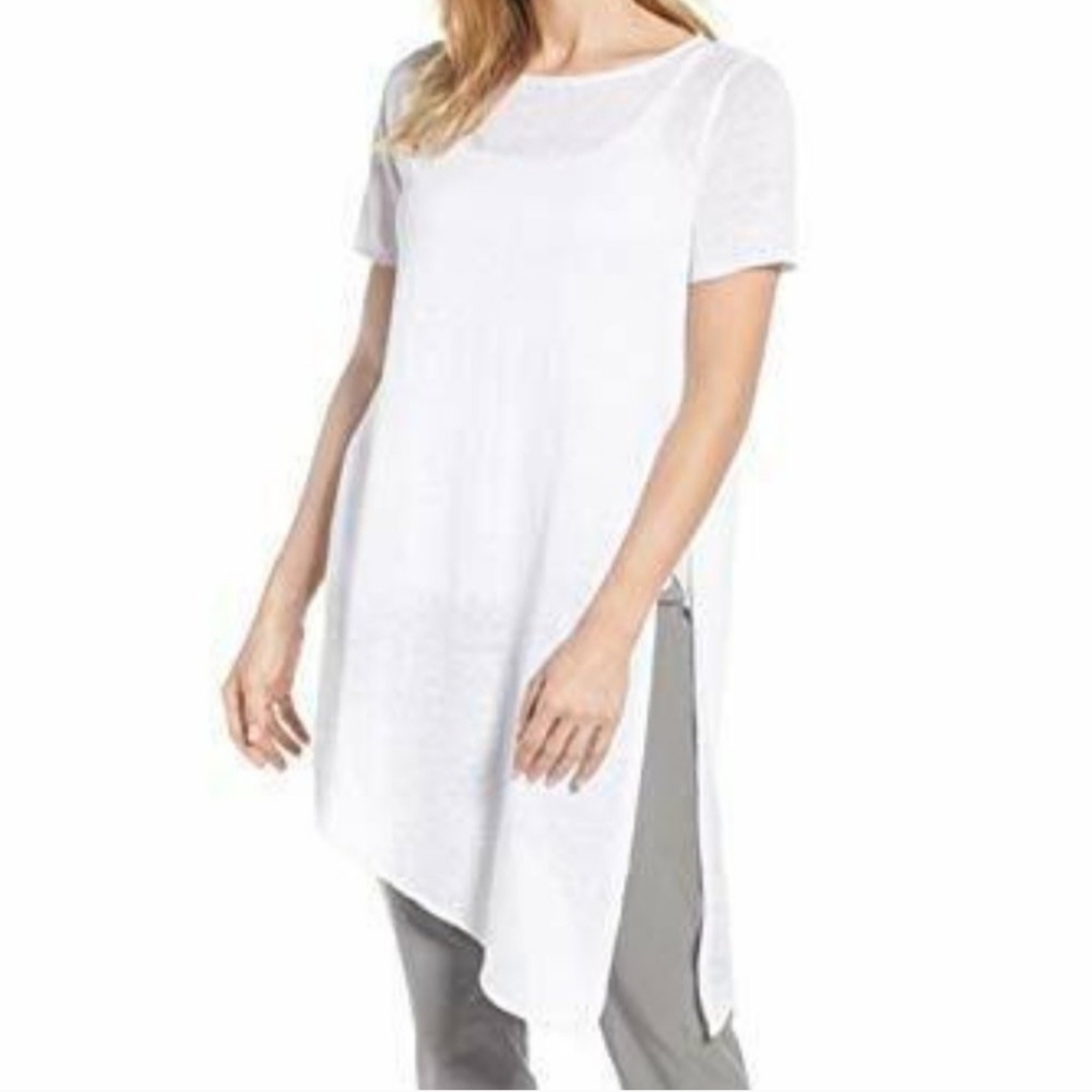 Eileen Fisher White Organic Linen Knit asymmetric Hem Tunic Size PM